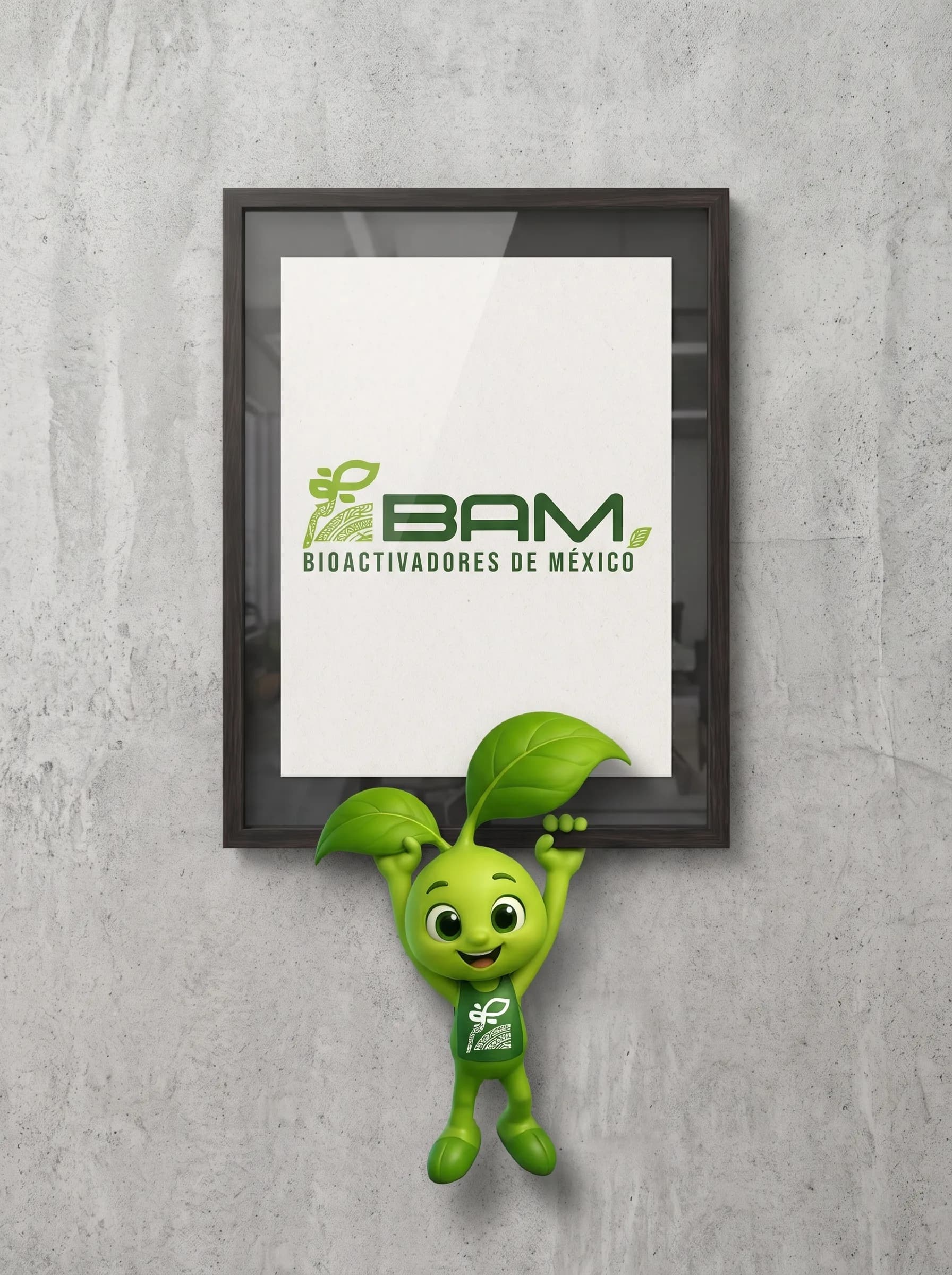 Bamito, la mascota de BAM, sujetando el logo de Bioactivadores de México enmarcado